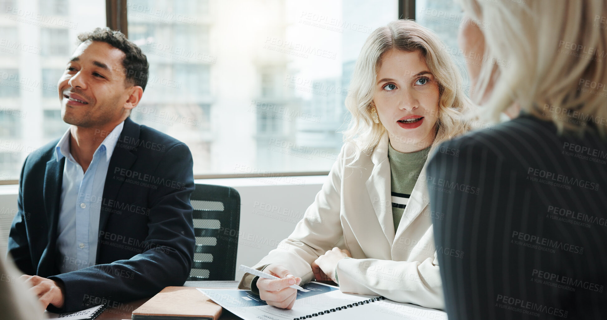 Buy stock photo Office, business people and woman with listening in meeting, financial project and investment update. Collaboration, finance consultant and manager with document for report, feedback or proposal info