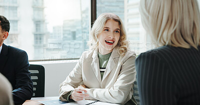 Buy stock photo Office, business people and woman with laughing in meeting, financial project and investment update. Collaboration, finance consultant and manager with document for report, feedback and proposal info