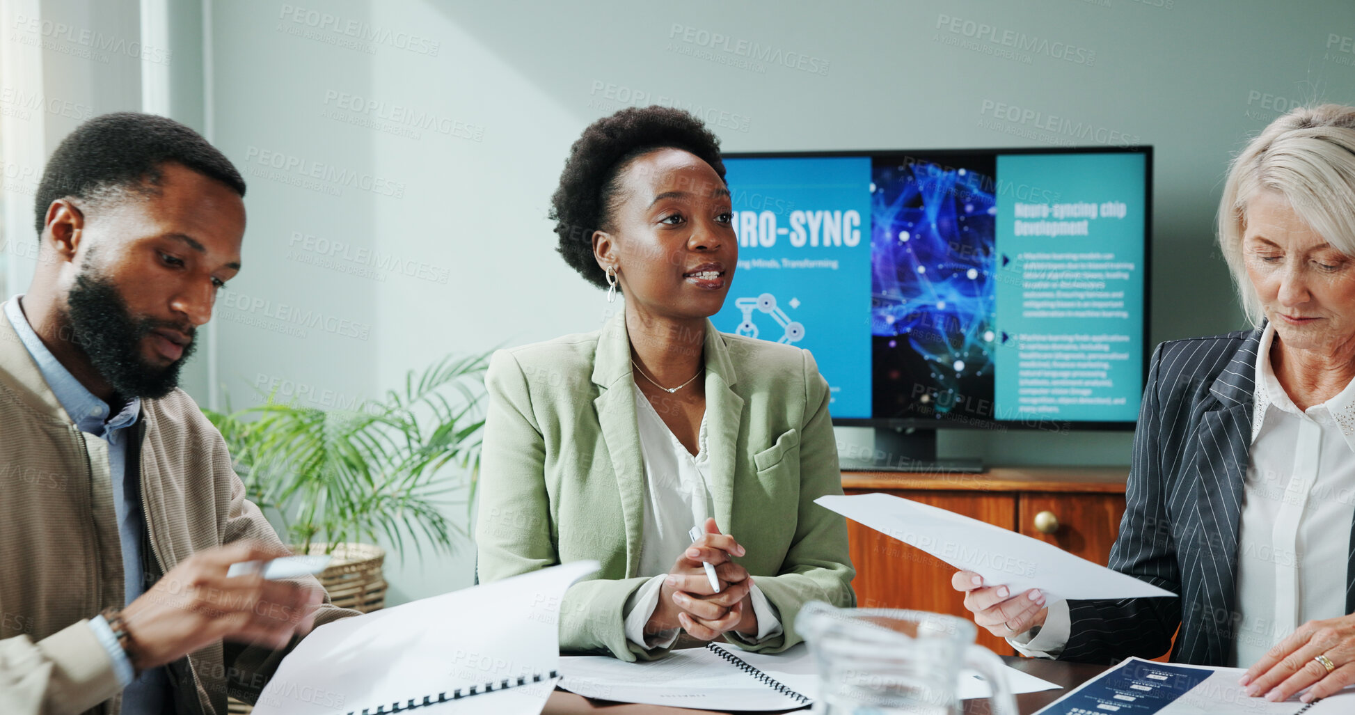 Buy stock photo Woman, staff and meeting with document in office for planning, neuroscience and innovation ideas. People, presentation and briefing paperwork, brain technology and proposal report of neurofeedback