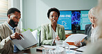Woman, people and explain in meeting at office for planning, neuroscience and innovation ideas. Staff, presentation and briefing with paperwork, brain technology and proposal report for neurofeedback