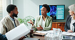People, manager and explain in presentation at office for planning, neuroscience and innovation ideas. Staff, meeting and briefing paperwork, brain technology and proposal report with neurofeedback