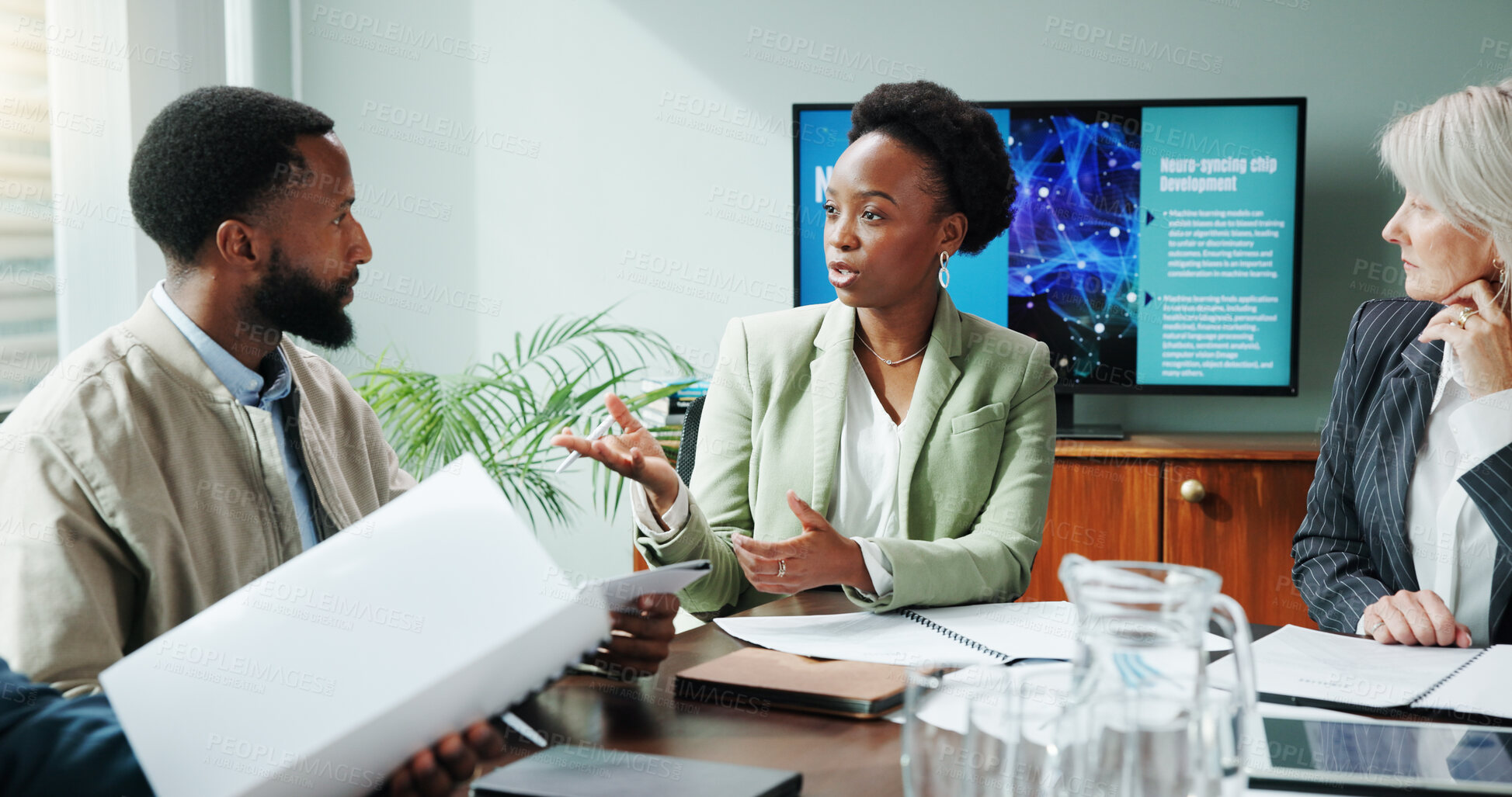 Buy stock photo People, manager and explain in presentation at office for planning, neuroscience and innovation ideas. Staff, meeting and briefing paperwork, brain technology and proposal report with neurofeedback