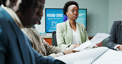 Buy stock photo Business, people and meeting with document in office for planning, neuroscience and innovation ideas. Manager, presentation and briefing with paperwork, brain technology and proposal of neurofeedback