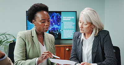 Buy stock photo Business people, meeting or document in office for presentation, innovative technology or discussion. Neuroscience, investor or explaining in workplace with project funding for brain chip development