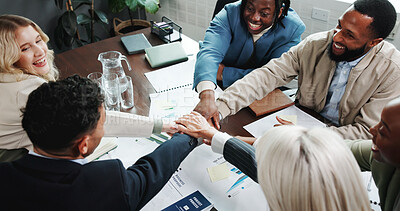 Buy stock photo Business people, hands together and meeting for deal with documents, proposal or employee engagement. Data analyst, huddle and graphs with celebration, project and advice for community discussion