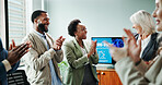 Applause, presentation and people with smile, celebration and happy for meeting, team and boardroom. Achievement, colleagues and clapping for success in business, congratulations and collaboration