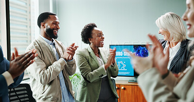 Buy stock photo Applause, presentation and people with smile, celebration and happy for meeting, team and boardroom. Achievement, colleagues and clapping for success in business, congratulations and collaboration