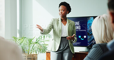 Buy stock photo Woman, speech and meeting for workshop with office, presentation and employee engagement. Data analyst, seminar and explain with speaker, AI training and briefing for advice for machine learning