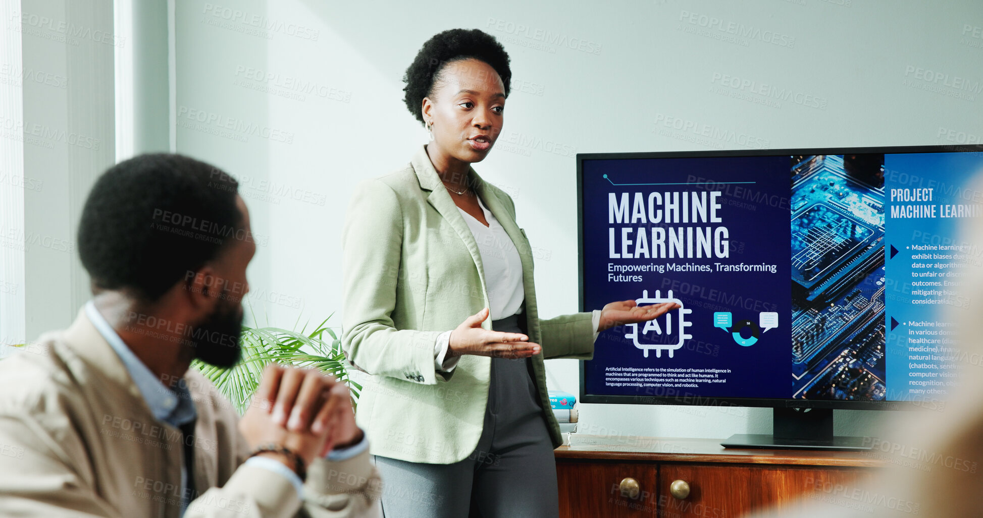 Buy stock photo Business woman, screen and ai presentation for new innovation, idea and machine learning product promotion. African speaker, office and pitch proposal to team for equity funding or tech investment