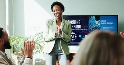 Buy stock photo Business woman, applause and celebration for presentation, success and thank you for ai training. Speaker, office and happy team clapping at machine learning workshop to praise for new innovation
