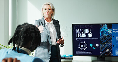 Buy stock photo Business woman, conference room and presentation on screen for innovation, idea and ai training. Mature speaker, office and pitch proposal to team for machine learning project, coaching or workshop