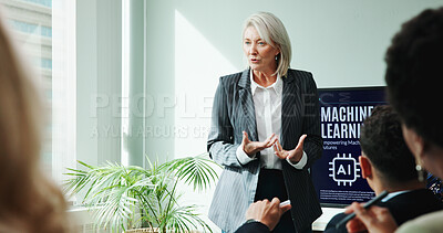 Buy stock photo Woman, presentation and screen for meeting with workshop, speech and employee engagement. Data analyst, seminar and explain with speaker, AI training and briefing for advice for machine learning