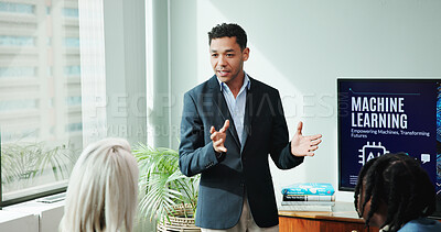 Buy stock photo Businessman, talking and team presentation in conference room for ai innovation, idea and machine learning. Speaker, meeting or pitch proposal to group for equity funding or tech investment in office