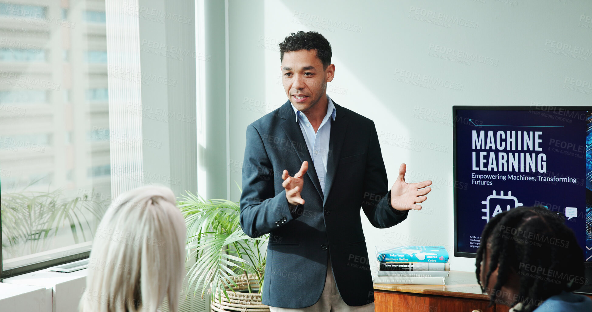 Buy stock photo Businessman, talking and team presentation in conference room for ai innovation, idea and machine learning. Speaker, meeting or pitch proposal to group for equity funding or tech investment in office