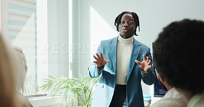 Buy stock photo Man, speech and meeting for workshop with office, support and employee engagement. Male person, seminar and presentation with speaker, training and briefing for advice, learning and brainstorming