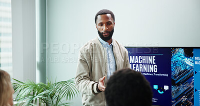 Buy stock photo Business man, talking and machine learning presentation for new innovation, idea and ai product promotion. Speaker, office and pitch proposal to team for equity funding or tech workshop with screen