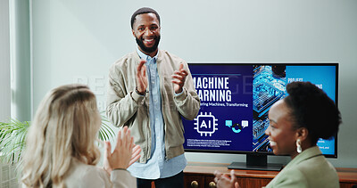 Buy stock photo Applause, presentation and man with smile, celebration and training for machine learning and happy. Achievement, colleagues and people with successful meeting, clapping and excited for ai in business