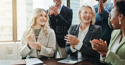 Buy stock photo Business, people and celebration with applause in meeting for company excellence, sales growth or achievement. Financial conference, employees and clapping hands for good news, recognition or support
