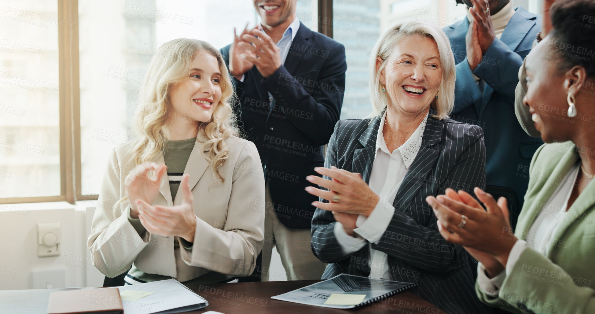 Buy stock photo Business, people and celebration with applause in meeting for company excellence, sales growth or achievement. Financial conference, employees and clapping hands for good news, recognition or support
