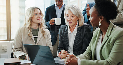 Buy stock photo Teamwork, laptop and discussion with business people in meeting for planning, financial broker or feedback. Collaboration, investment banker and research with employees in office for revenue report