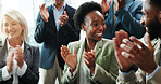 Business, people and crowd with clapping hands in seminar for financial recognition, company growth and success. Finance conference, happy employees and applause for good news, training and thank you