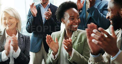 Buy stock photo Business, people and crowd with clapping hands in seminar for financial recognition, company growth and success. Finance conference, happy employees and applause for good news, training and thank you