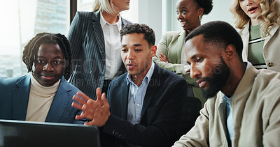 Buy stock photo Business people, laptop and presentation for video call, collaboration and webinar in office. Discussion, team and tech for online seminar, virtual meeting or introduction for international network