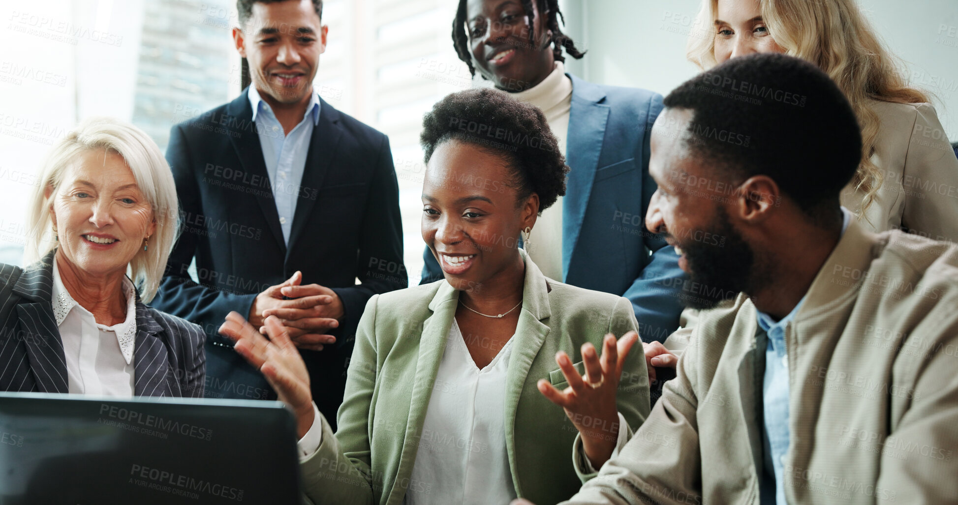 Buy stock photo Business people, laptop and celebration for video call, collaboration and webinar in office. Smile, team and tech for online seminar, virtual meeting and introduction for international networking