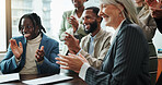 Business, people and happy with applause in seminar for company excellence, recognition and celebration. Financial conference, employees and clapping hands for finance growth, good news and support