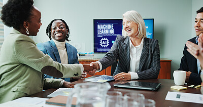 Buy stock photo Business, people and shaking hands in presentation for success of machine learning contract, offer and deal. Data scientist, office and handshake with training coach for ai development and onboarding