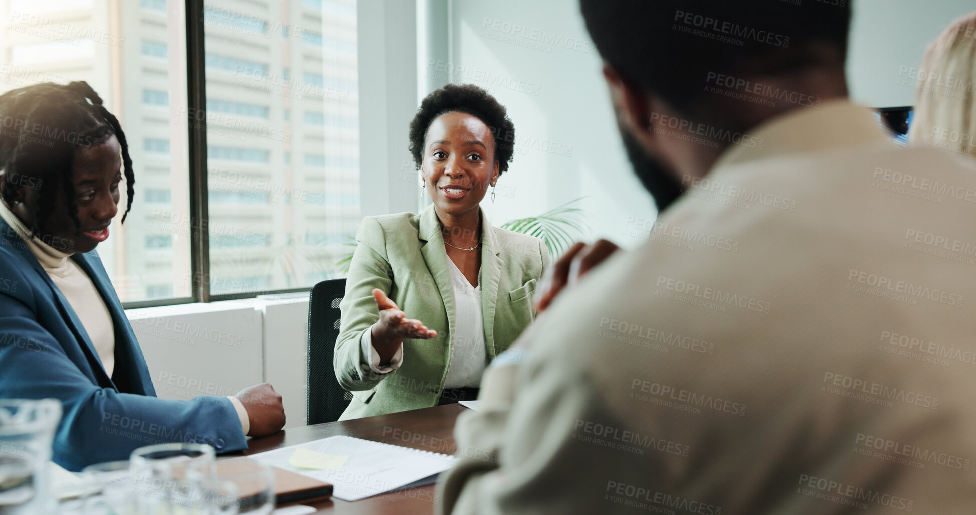 Buy stock photo Office, business people and woman with discussion in meeting, finance update and feedback for project. Boardroom, collaboration and manager with talking for investment, financial merger and corporate