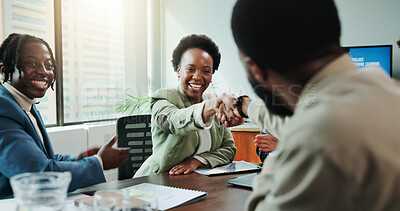 Buy stock photo Business, employees and handshake in meeting for success of b2b onboarding, welcome offer and partnership. Black people, teamwork and shaking hands in presentation for negotiation deal and agreement