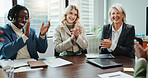 Business people, applause and smile with team in meeting for congratulations or achievement at office. Group of excited employees clapping together for promotion, good news or deal at workplace