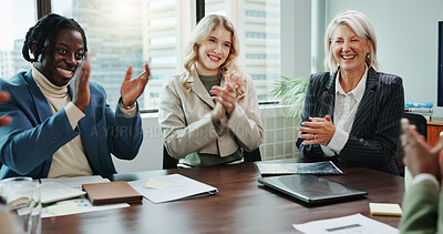 Buy stock photo Business people, applause and smile with team in meeting for congratulations or achievement at office. Group, excited and employees clapping together for promotion, good news or deal at workplace