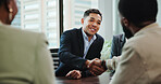 Business, people and handshake with partnership in meeting for finance deal, welcome offer and agreement. Financial analyst, happy and shaking hands in office for negotiation and investment success