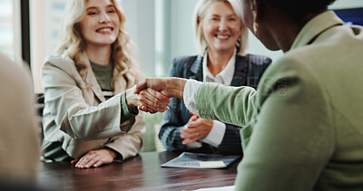 Buy stock photo Business, people and shaking hands with partnership in meeting for finance deal, welcome offer and agreement. Financial analyst, happy and handshake in office for negotiation and investment success