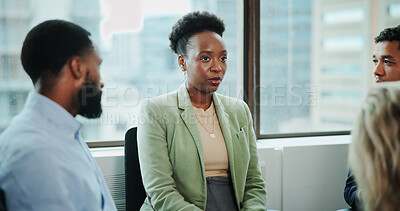 Buy stock photo Mental health, business woman or group counseling in office for employee wellbeing, rehabilitation or meeting. Team support, people or work intervention for performance management, stress or recovery