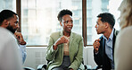 Business people, meeting and discussion with team for support group or rehabilitation. Woman, employee or talking with colleagues for counseling therapy, recovery or work intervention at office