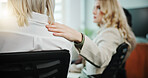 Business people, hands and sympathy on shoulder in meeting for support group or counseling at office. Employees, colleagues or team talk with empathy, trust or safe space for therapy at workplace