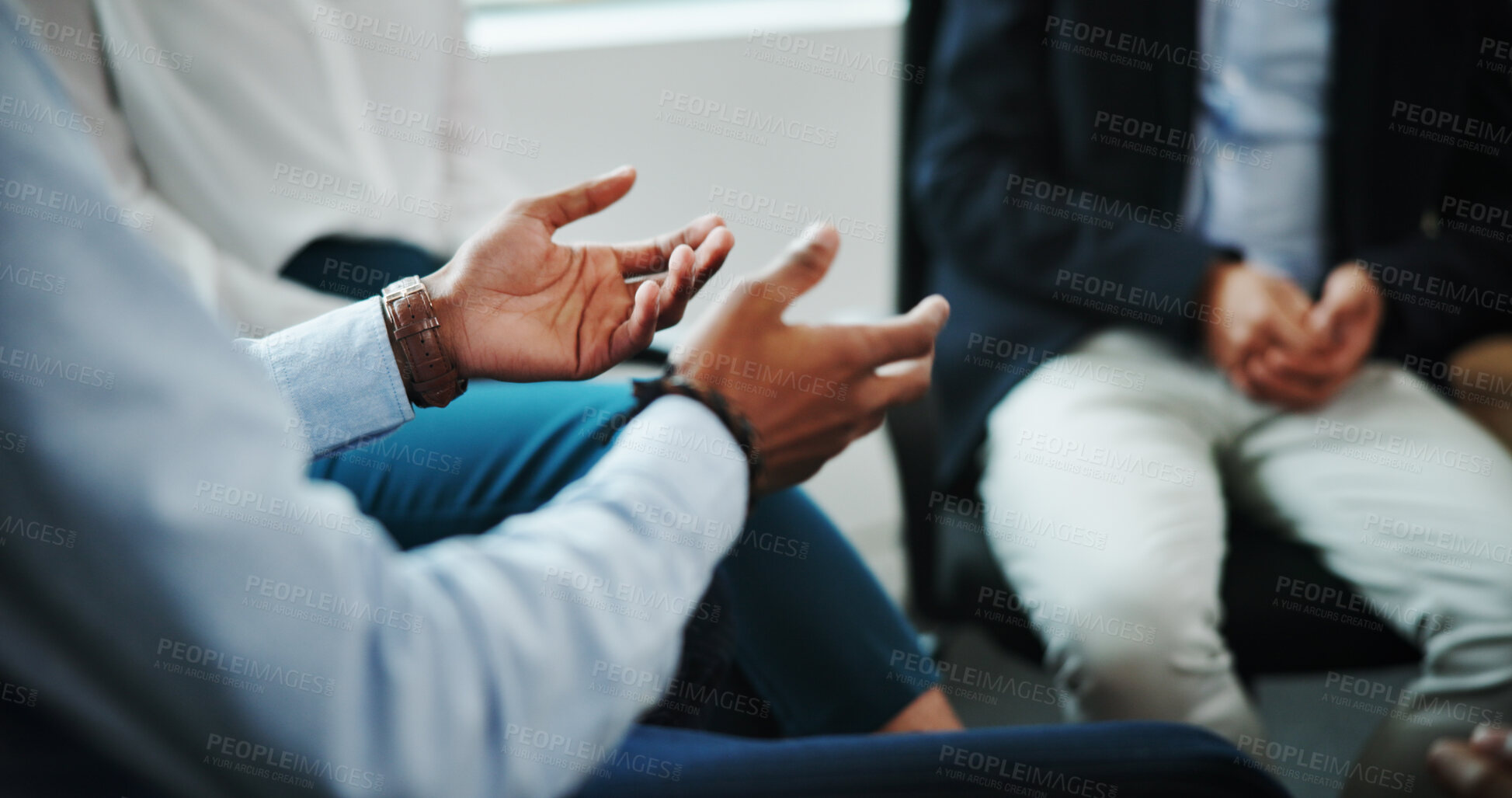 Buy stock photo Business people, hands and discussion with support group in meeting for counseling session at office. Employees, colleagues or talking with therapist for rehabilitation or team social at workplace