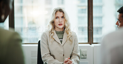Buy stock photo Woman, meeting and support group with team at office for rehabilitation, empathy or discussion. Female person, employee or community with understanding for talk, sympathy or safe space at workplace