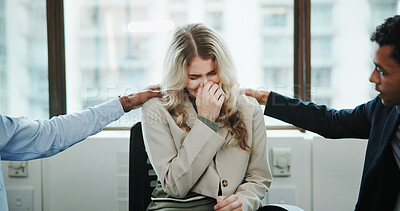 Buy stock photo Sad woman, meeting and support group with team at office for rehabilitation, empathy or care. Female person, employee or crying with community for understanding, sympathy or safe space at workplace