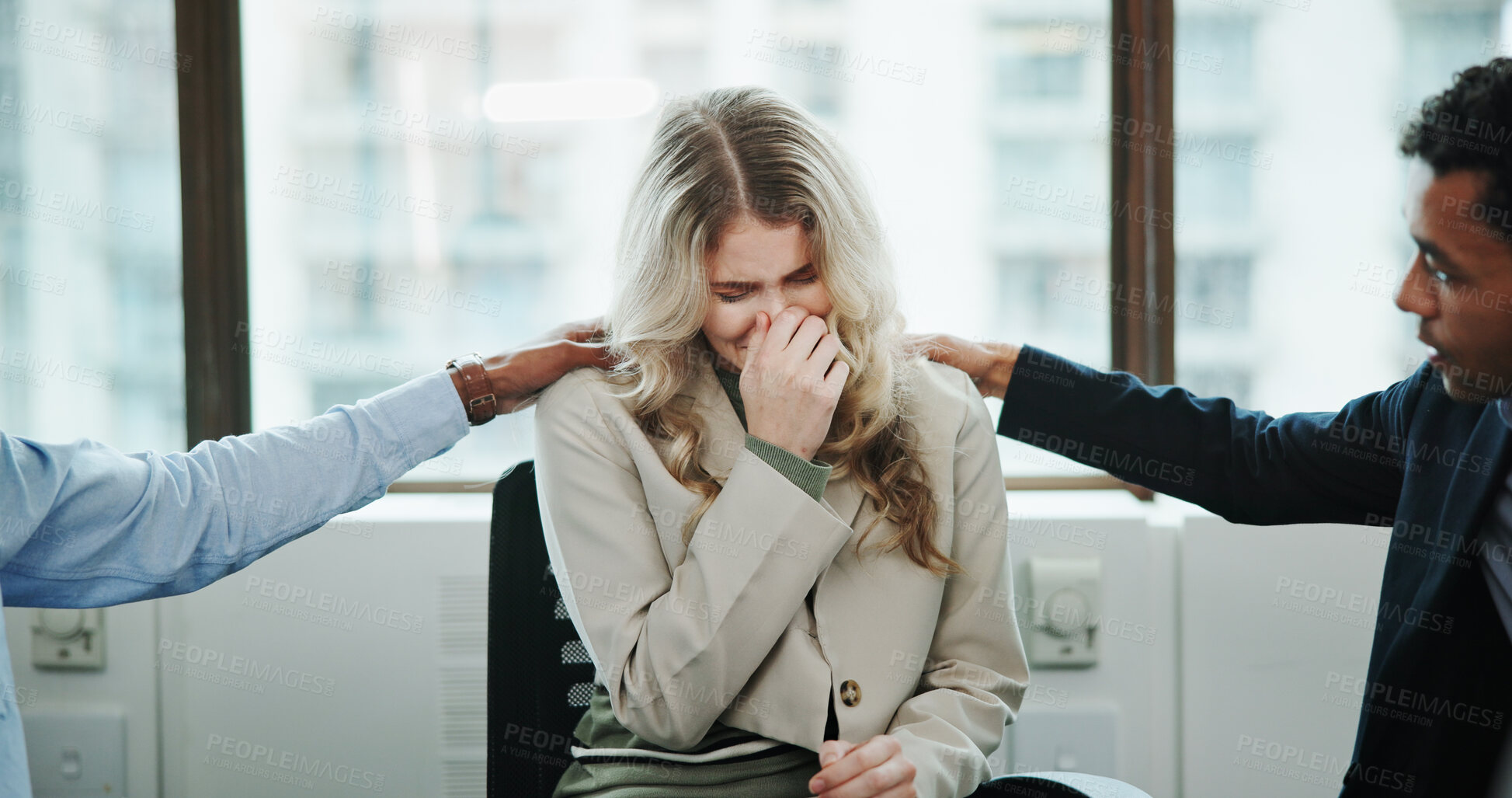Buy stock photo Sad woman, meeting and support group with team at office for rehabilitation, empathy or care. Female person, employee or crying with community for understanding, sympathy or safe space at workplace