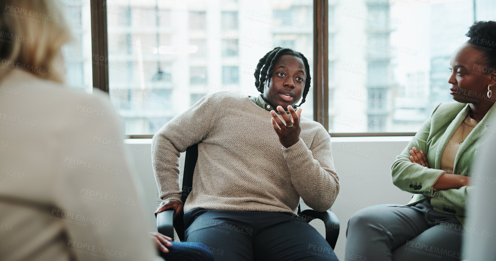 Buy stock photo Business people, meeting and discussion with team for counseling, mental health or rehabilitation. Employees, support group or colleague with confession for work intervention or therapy session