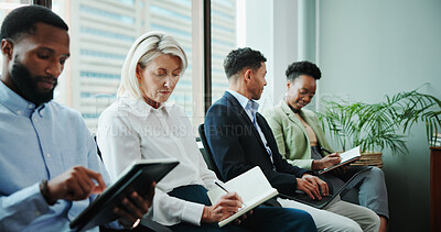 Buy stock photo Interview, waiting room or businesswoman with notebook in queue for hiring, CV or human resources. Resume, writing or line for recruitment process, employment documents or job application opportunity