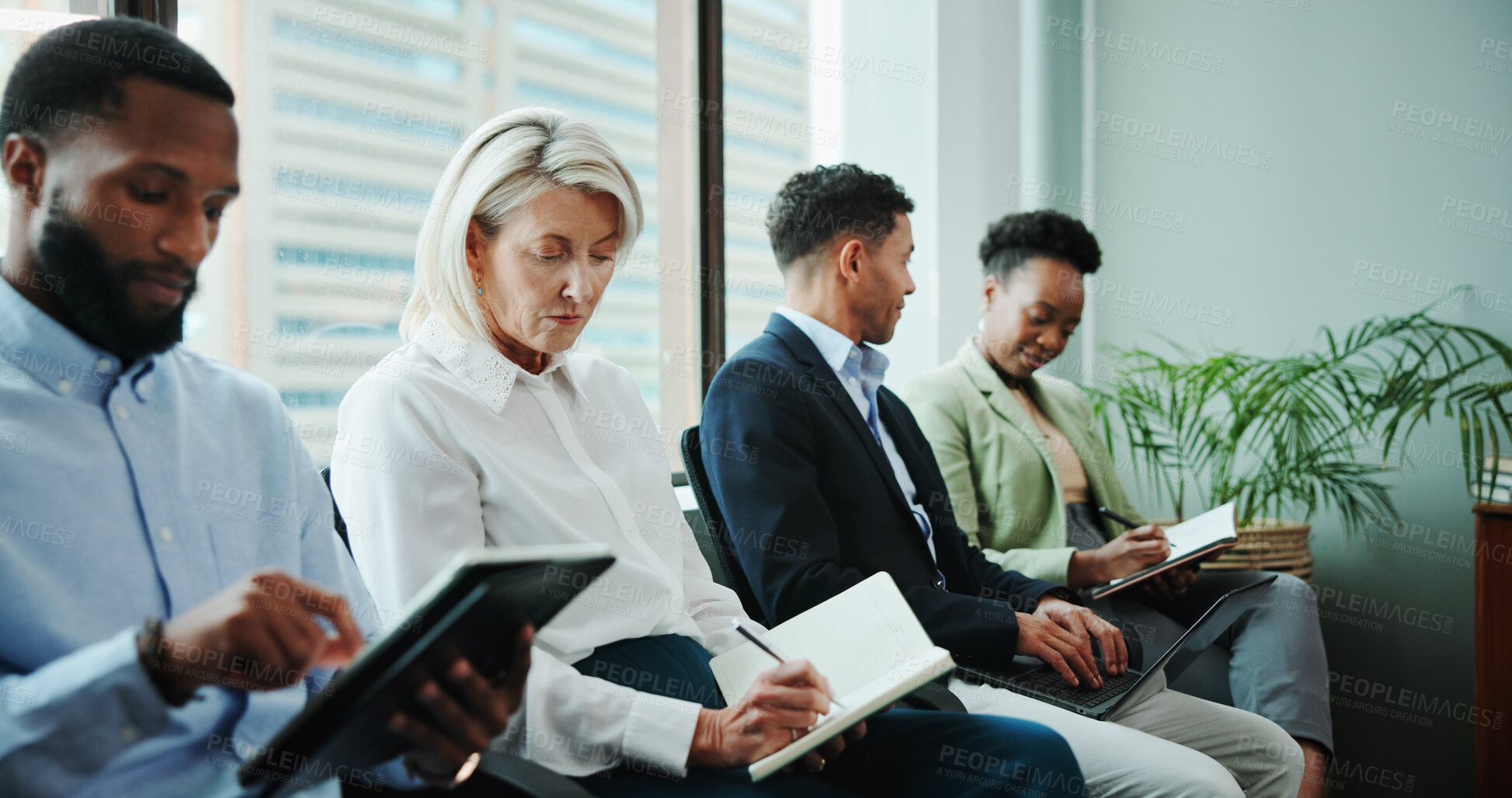 Buy stock photo Interview, waiting room or businesswoman with notebook in queue for hiring, CV or human resources. Resume, writing or line for recruitment process, employment documents or job application opportunity