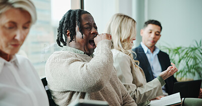 Buy stock photo Interview, yawning or tired businessman in waiting room for hiring or human resources. Resume, fatigue or applicant in line for recruitment process, employment search or job application opportunity
