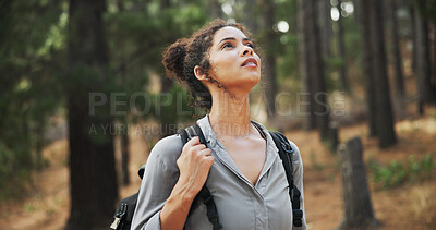Buy stock photo Hiking, thinking and woman in woods, travel and thought with reflection, break or environment. Healthy person, outdoor and hiker with nature, explore or countryside with wellness or journey in forest
