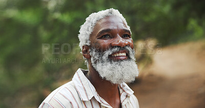 Buy stock photo Hiking, thinking and old man with smile, travel and thoughtful with reflection, explore and countryside. African person, outdoor and hiker with break, nature and woods with retirement and trekking