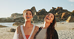 Women, friends and happy on beach for travel, reunion and hug for support in relationship. People, laugh and excited at ocean for shared memories, funny story and summer vacation on Brazil seaside